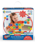 Box of Learning Resources Gears Starter Building Set for STEM activities and fine motor skill development with smiling child.