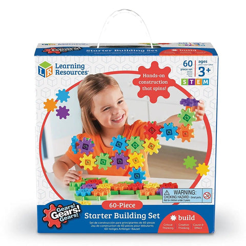 Box of Learning Resources Gears Starter Building Set for STEM activities and fine motor skill development with smiling child.