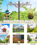 Decorative outdoor stand with unique pattern design for flower basket, birdhouse, feeder, wind chimes, lamp, showbill display.