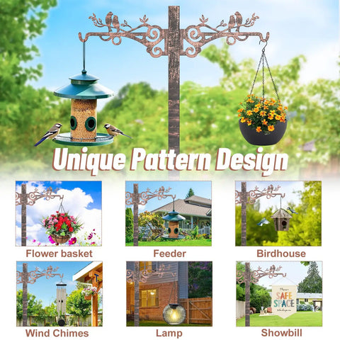 Decorative outdoor stand with unique pattern design for flower basket, birdhouse, feeder, wind chimes, lamp, showbill display.