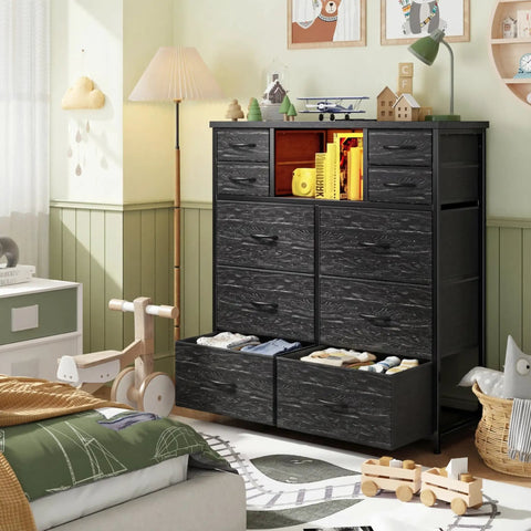 Modern Black Dresser For Bedroom With Built In Charging Station And Bright Led Lights Ten Drawer Storage Cabinet in a cozy room setting.