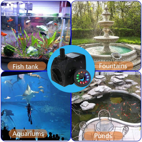 Submersible Fountain Pump With 400 GPH 1800 LPH, Ultra Quiet 25W, 12 LED Colorful Lights, 3 Nozzles for fish tanks, ponds, aquariums