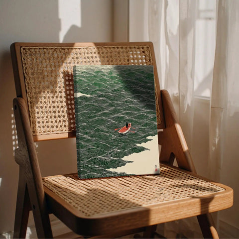 Japanese Style Ocean Rowing Wall Art For Bedroom And Living Room, Retro Green Wave Canvas Print With Coastal Beach Vibe