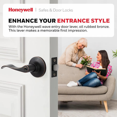 Interior And Exterior Wave Lever Door Handle With Keys For Bedroom Security Top Notch No Fuss Anti Bump Resistant Reversible For Right Or Left Sided Doors In Polished Brass Grade 3 ANSI Certified Includes Two Keys in oil rubbed bronze installed on white door in living room setting with people on sofa.