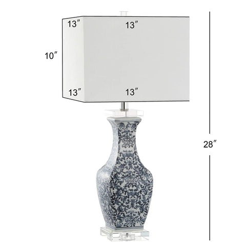 Blue And White Ceramic LED Table Lamp With Chinoiserie Hand Painted Pattern, Crystal Base And White Square Linen Shade, Stands 28 Inches Tall, LED Bulb Included, Perfect For Bedroom Or Living Room, A Stylish Modern Home Accent
