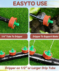 30 Pack 0.25 GPH Pressure Compensating Drippers for 1/4 Inch Tubing, installed in garden with water flowing