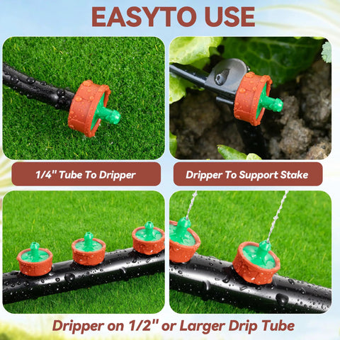 30 Pack 0.25 GPH Pressure Compensating Drippers for 1/4 Inch Tubing, installed in garden with water flowing