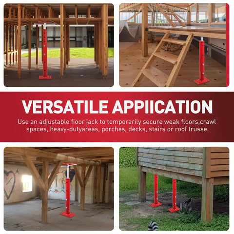Four Pack Adjustable House Jacks For Floor Leveling And Crawlspace Support Built Like A Tank Heavy Duty Rust Proof Steel Prop 19 To 36 Inches Range securing porches and stairs.
