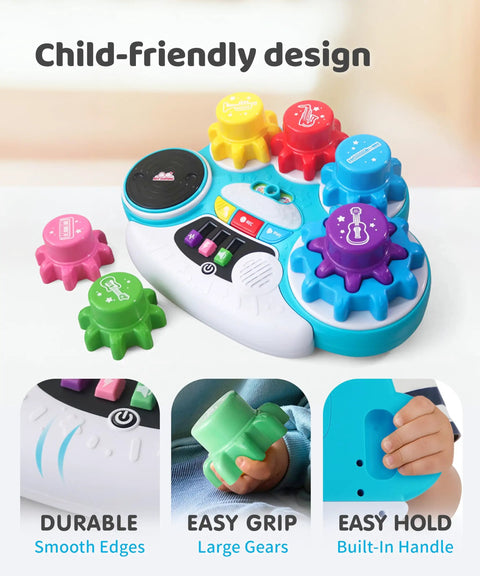 Screen Free Kids DJ Mixer And Manual Music Gear Station Featuring Twin Beat Sliders Scratch Wheel And Interactive Ear Training For Young Pros Whose Grooves Always Hit Different, colorful child-friendly design with large gears.