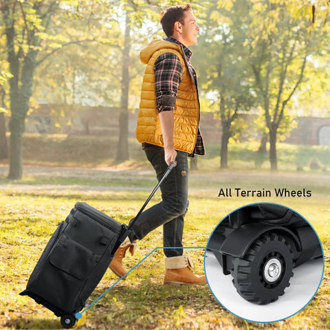 Man pulling Rolling Tackle Box With Cooler And Wheels, Large Saltwater Ready Fishing Backpack with rod holders on grass path