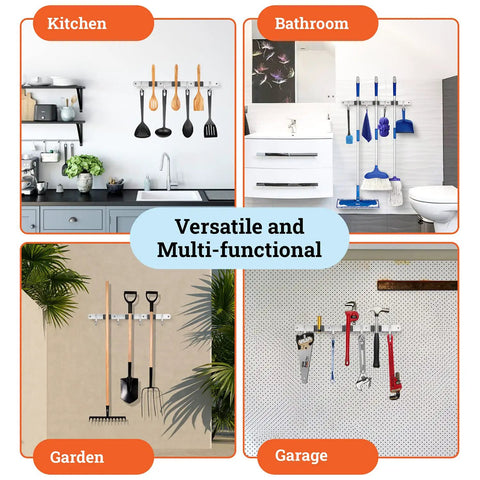 Heavy Duty Wall Mount Broom And Mop Holder With 3 Tier Racks And 4 Hooks 17 Inch Stainless Steel Organizer in various settings