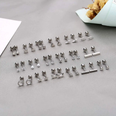 18 Pairs Tiny Cartilage Stud Earrings For Women And Men, Star Moon Heart Disc Ball CZ, Flat Back Screw Back Earrings, Stainless Steel Geometric Barbell Piercing Set, Silvery Finish, Everyday Sparkle For All Ear Piercings spread flat