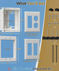 Recessed Outlet Box For Wall Mount TV Two Gang Electrical Box With Duplex And Decorator Style Covers Ideal Construction And Retrofit Projects Providing Flush Mount Design To Hide Cables And Keep Equipment Sockets Accessible For Clean Cord Control. white plastic box with cover plates and screws
