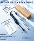 Portable 1800 Watt Immersion Water Heater For Small Pools And Tubs With Plug And Play Setup For Instant Hot Water in packaging with dimensions.