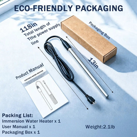 Portable 1800 Watt Immersion Water Heater For Small Pools And Tubs With Plug And Play Setup For Instant Hot Water in packaging with dimensions.