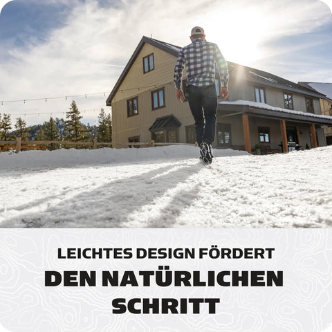 Person walking on snow wearing Battle Ready Ice Traction Cleats For Walking Running And Hiking Stainless Steel Spring Coils.