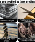 Collage of common metal cutting issues: uneven edges, inefficient tools, difficult sheet cutting, and hand injuries.