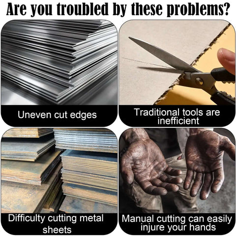 Collage of common metal cutting issues: uneven edges, inefficient tools, difficult sheet cutting, and hand injuries.