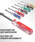 Color Coded SAE Nut Driver Set, 7-Piece With 1/2, 7/16, 3/8, 11/32, 5/16, 1/4, 3/16 Inch Sizes, Handy Color Handles For Quick Size ID
