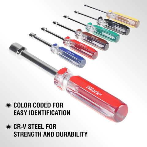 Color Coded SAE Nut Driver Set, 7-Piece With 1/2, 7/16, 3/8, 11/32, 5/16, 1/4, 3/16 Inch Sizes, Handy Color Handles For Quick Size ID