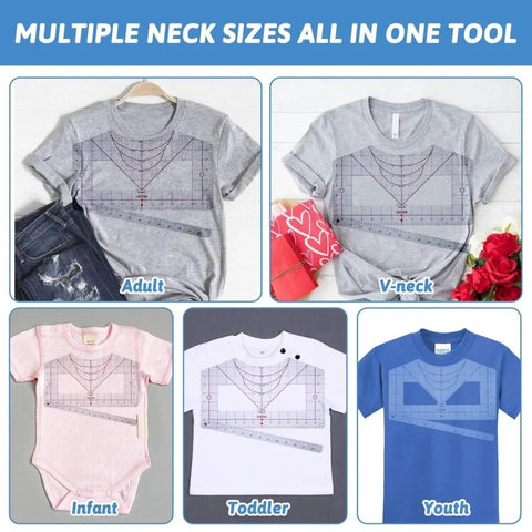 Clear T Shirt Ruler Guide For Vinyl Alignment And Heat Press Centering displayed on various shirt styles and sizes for DIY crafts.