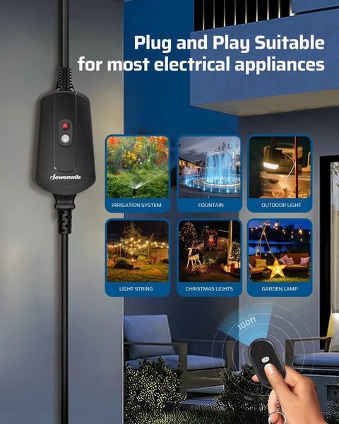 Rugged Built Tough Outdoor Wireless Remote Outlet Switch for Lights and Decor, controlling appliances from inside the house.