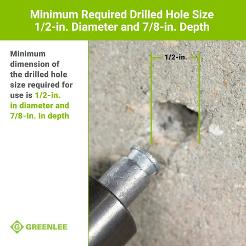 Heavy-Duty Screw Anchor Expander For Caulking Anchors 1/4-20 size, showing minimum required drilled hole size in masonry.