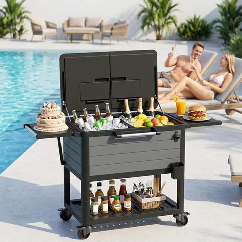104 Quart Rolling Cooler With Wheels For Backyard Parties Outdoor Bbq Tailgates And Camping Heavy Duty Portable Ice Chest On Wheels With Easy Pull Handle Holds Up To 100 Cans And Ice Gray near a pool with drinks and snacks