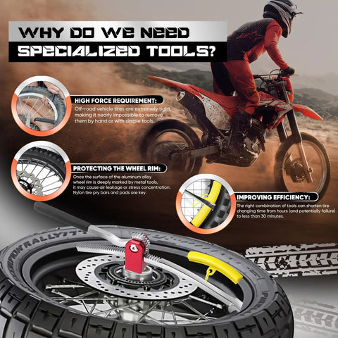 All In One Dirt Bike Tire Changing Tool Kit for Motocross and Enduro with tools and mounted tire, enhancing tire change efficiency.