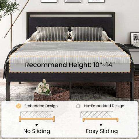 Heavy Duty Full Size Bed Frame With Wooden Headboard And Footboard In Black Oak, showing recommended mattress height for best fit.