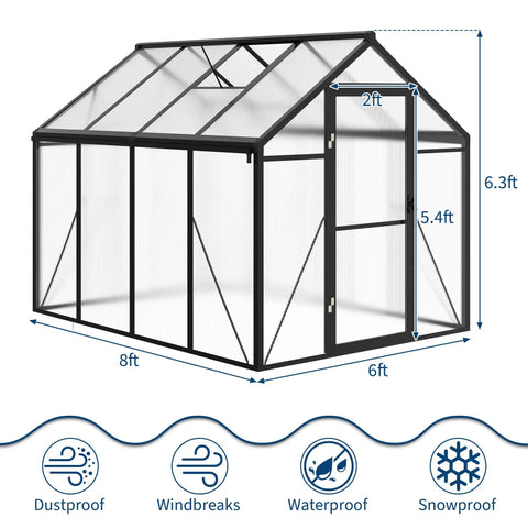6 By 8 Foot Greenhouse Kit With Aluminum Frame, Polycarbonate Panels, Lockable Door, Adjustable Roof Vent, Easy Assembly For Backyard Garden Or Patio, Ideal Outdoor Greenhouse For Year Round Home Gardening