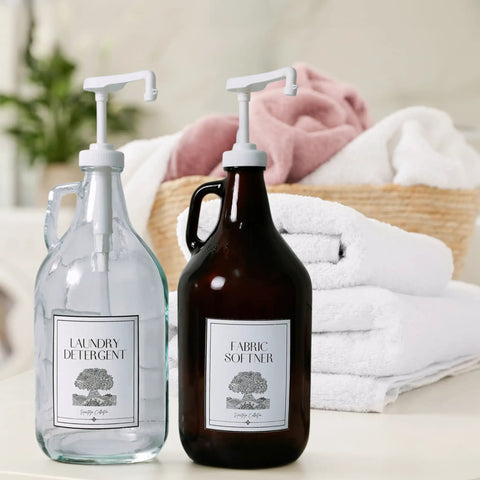 2 Pack Heavy Duty Liquid Pump For Gallon Jugs And 5 Gallon Buckets White Bpa Free Leakproof Dispenser with detergent and softener bottles.