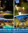Collage showcasing 300W Low Voltage Landscape Lighting Transformer With Timer And Photocell enhancing outdoor spaces.