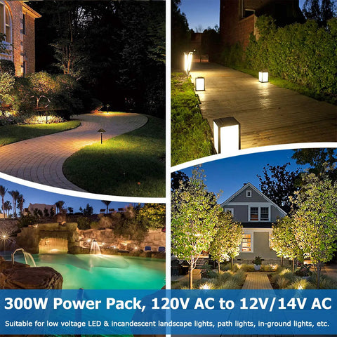 Collage showcasing 300W Low Voltage Landscape Lighting Transformer With Timer And Photocell enhancing outdoor spaces.