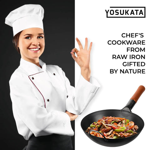 Chef holding Flat Bottom Carbon Steel Wok Pan 11.8 Inch Pre Seasoned For Stir Fry And Outdoor Cooking