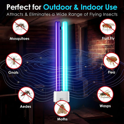 Dual Color Bug Zapper Light Bulbs 18W 2 Pack 4 Pin Base 2G11 set in room with flying insects illustration highlighting effectiveness