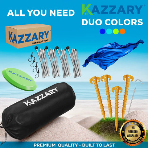 Ultra Portable Beach Tent Sun Shade 10x10 Ft UPF50 Plus Shield With Sandbags, ground pegs, stability poles, blue fabric