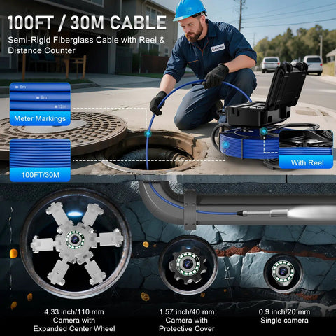 Heavy Duty Sewer Camera With 100ft Self Leveling Drain Scope And 9 Inch HD Screen DVR Recording 512Hz Transmitter Real Time Feed Night Vision Waterproof Pipe Inspection Kit For Home And Pro, 100ft cable