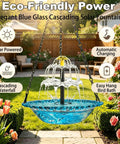 Hanging Solar Bird Bath Fountain With Glass Bowl Outdoor Garden Water Feature No Wiring Solar Pump Direct Sun Activated Gentle Flow For Hummingbirds Large Blue Hanging Bird Bath showcasing cascading water effect in garden.