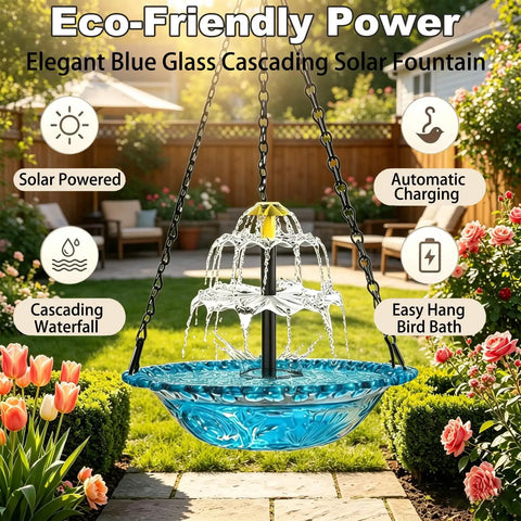 Hanging Solar Bird Bath Fountain With Glass Bowl Outdoor Garden Water Feature No Wiring Solar Pump Direct Sun Activated Gentle Flow For Hummingbirds Large Blue Hanging Bird Bath showcasing cascading water effect in garden.