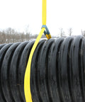 1 Inch by 4 Foot Flat Loop Eye to Eye Lifting Sling with Protective Sleeve in Yellow Polyester lifting black coil outdoors