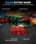 Mini Dual Blade Car Fuse Kit 45 Piece Automotive Blade Fuse Set With Nine Ratings showing color-coded and labeled fuses.