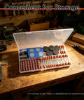 All Purpose Rotary Tool Gear Set Pro Grade 148 Piece Sanding Drums Kit in open storage box on workbench.