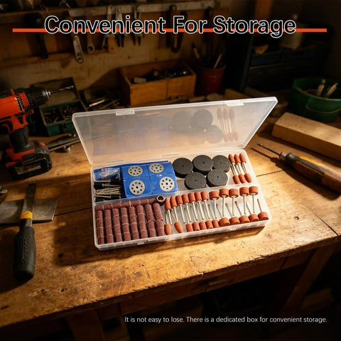 All Purpose Rotary Tool Gear Set Pro Grade 148 Piece Sanding Drums Kit in open storage box on workbench.