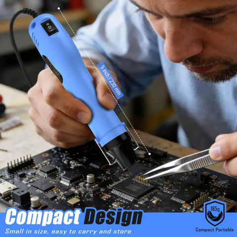 Man using Dual Temp Heat Gun 330W Fast Heat 250C 350C Hot Air Tool with nozzle on electronics board