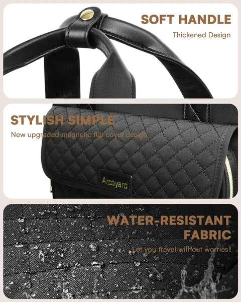 Arcoyard black quilted underseat luggage with wheels; front view, logo, handle close-up, water-resistant fabric.