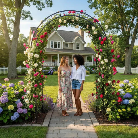 Built Tough 7Ft Steel Garden Arbor With Side Trellis Rust Resistant Powder Coated Archway With Flowers For Backyard Weddings