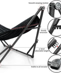 Universal Hammock Stand 600 Lb Capacity, 30 Second Foldable Setup, No Tools Or Screws Needed, Portable Camping Hammock Stand With 3 Year Warranty, Heavy Duty Steel Frame For Indoor Outdoor Use, Black. Side view with close-ups of adjustable features.