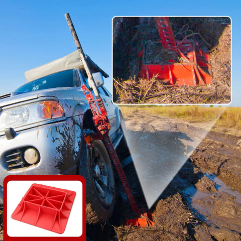 Off Road Jack Base And Handle Keeper Set Two Piece Ground Stabilizer Kit In Red And Black in use on muddy terrain.