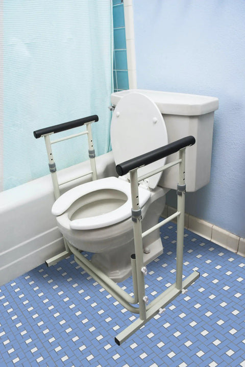 Height Adjustable Standing Toilet Safety Rail With Foam Handles For Elderly Seniors Sturdy Frame And Non Slip Grips Easy Install